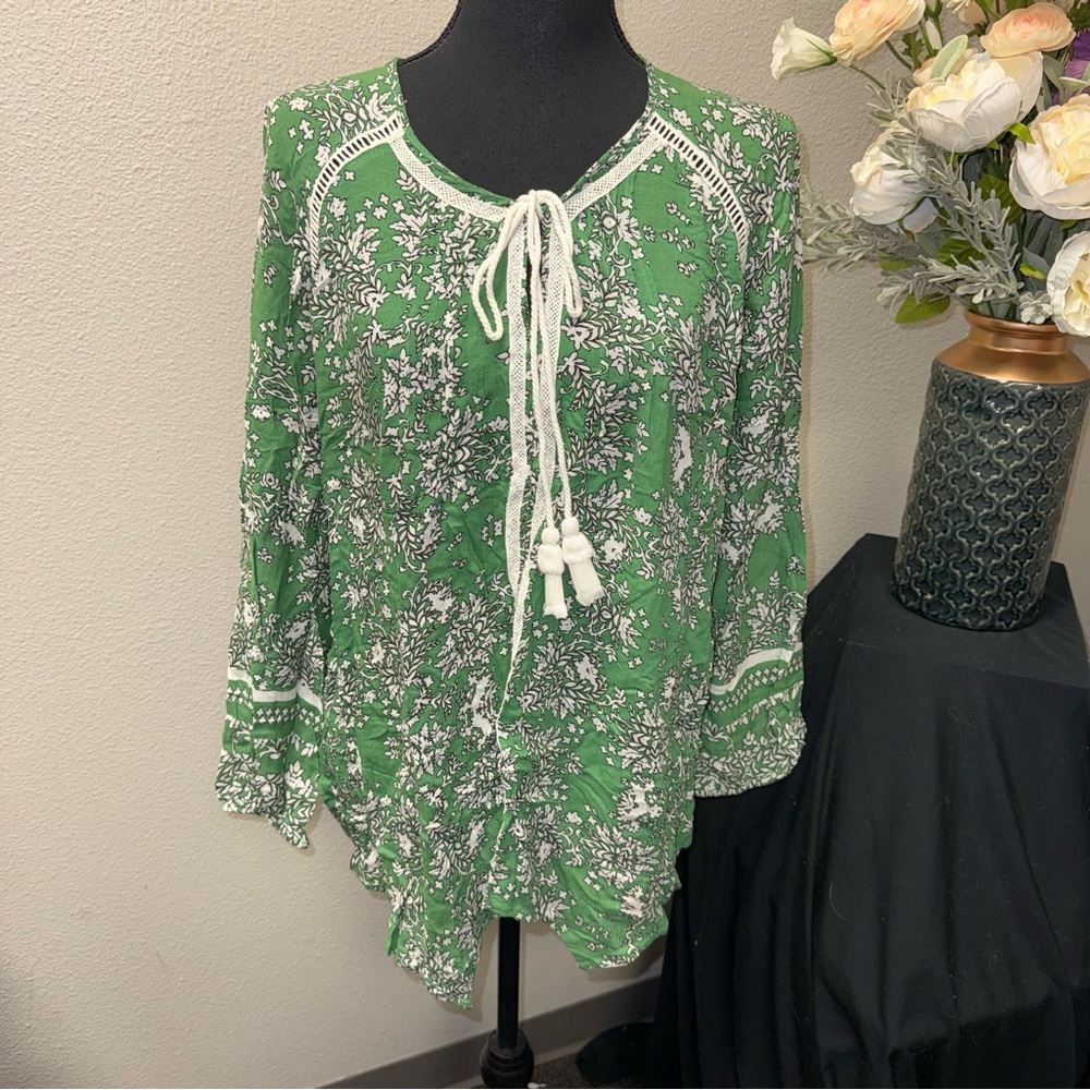 Democracy Green Floral Tie Neck Boho Blouse Long Sleeve XL